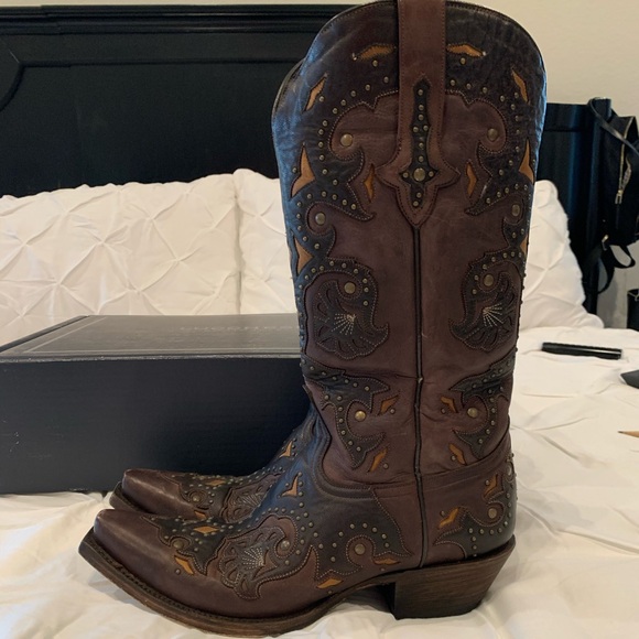 Lucchese Dark Brown Cowboy Boots with Intricate Patterns. - Picture 3 of 8